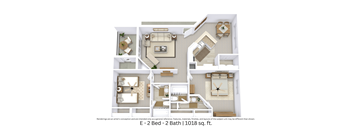 This is a 3D-floor plan providing a detailed, angled view of the space with room layouts, furniture placement, and spatial flow. Features 2 bedrooms, 2 bathrooms, and approximately 1,018 Sq. Ft.