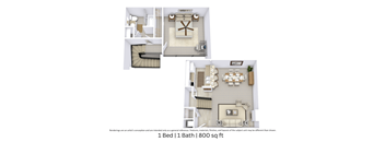 3D angled floor plan of an 800 sq. ft. 1-bedroom apartment showing furniture and room layout.