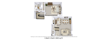 3D angled view of an 850 sq. ft. 1-bedroom unit featuring room layouts and furniture.