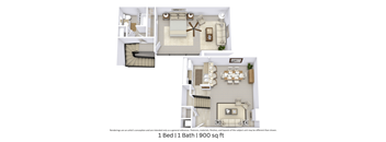 3D floor plan for a 900 sq. ft. 1-bedroom unit highlighting spatial flow and furniture.