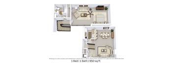 3D angled floor plan of a 950 sq. ft. 1-bedroom apartment with furniture and spatial layout.