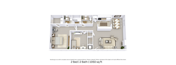 3D angled floor plan of a 1,050 sq. ft. 2-bedroom, 2-bathroom apartment with furniture.