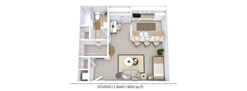 3D angled floor plan of a 600 sq. ft. studio apartment with furniture placement and spatial flow.