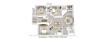 This is a 3D-floor plan providing a detailed, angled view of the space with room layouts, furniture placement, and spatial flow. Features 3 bedrooms, 2 bathrooms, and approximately 1,344 Sq. Ft.