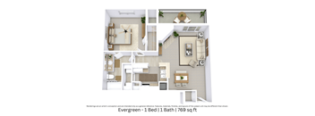 This is a 3D-floor plan providing a detailed, angled view of the space with room layouts, furniture placement, and spatial flow. Features 1 bedroom, 1 bathroom, and approximately 769 Sq. Ft.