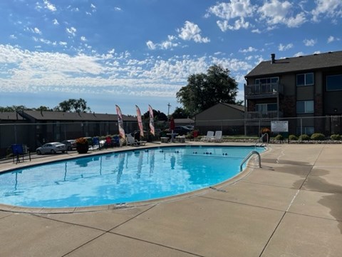 A large swimming pool with a concrete floor and a concrete sidewalk.
