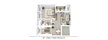 3D floor plan of the BT layout with 1 bedroom, 1 bathroom, and approximately 602 sq ft.