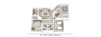 3D floor plan of the DT layout with 2 bedrooms, 2 bathrooms, and approximately 924 sq ft.