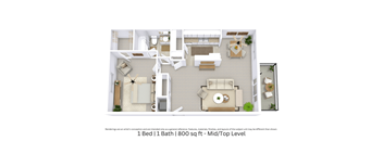 This is a 3D-floor plan providing a detailed, angled view of the space with room layouts, furniture placement, and spatial flow. Features 1 bedrooms, 1 bathrooms, and approximately 800 Sq. Ft