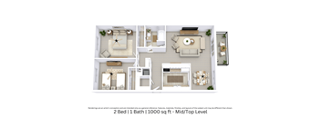 This is a 3D-floor plan providing a detailed, angled view of the space with room layouts, furniture placement, and spatial flow. Features 2 bedrooms, 1 bathrooms, and approximately 1000 Sq. Ft.