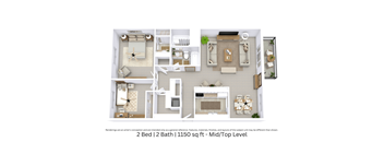 This is a 3D-floor plan providing a detailed, angled view of the space with room layouts, furniture placement, and spatial flow. Features 2 bedrooms, 2 bathrooms, and approximately 1150 Sq. Ft.