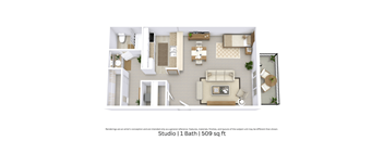 This is a 3D-floor plan providing a detailed, angled view of the space with room layouts, furniture placement, and spatial flow. Features a Studio, 1 bathroom, and approximately 509 Sq. Ft