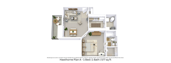 3D floor plan with furniture and interior layout for a 1 bed, 1 bath apartment. Approx. 577 sq. ft.