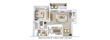 3D floor plan illustrating layout and furniture for a 1 bed, 1 bath apartment. Approx. 700 sq. ft.