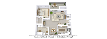 3D floor plan showing furniture placement and flow for a 1 bed, 1 bath apartment. Approx. 750 sq. ft.