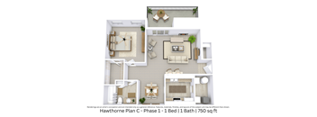3D floor plan showing furniture placement and flow for a 1 bed, 1 bath apartment. Approx. 750 sq. ft.