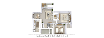 3D floor plan with interior layout and furniture for a 2 bed, 1 bath apartment. Approx. 846 sq. ft.