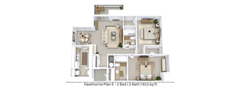 This 3D floor plan presents the layout and furnishings of a 2-bedroom, 2-bath apartment, estimated at 913 square feet.
