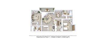 3D floor plan showing interior design and furniture for a 2 bed, 2 bath apartment. Approx. 1,022 sq. ft.