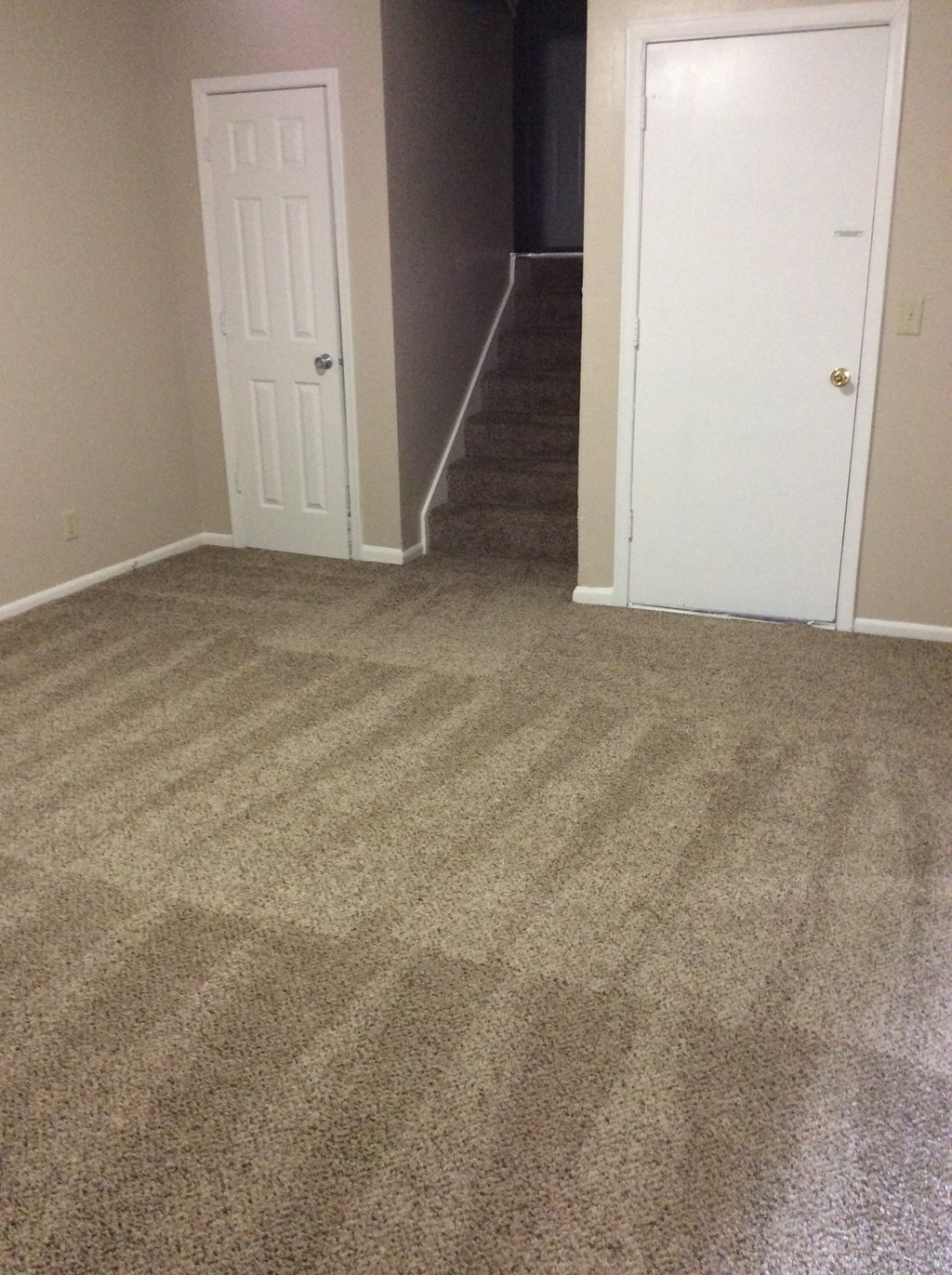 Family room in the Yeakel Townhome, featuring a carpeted floor and a wall.