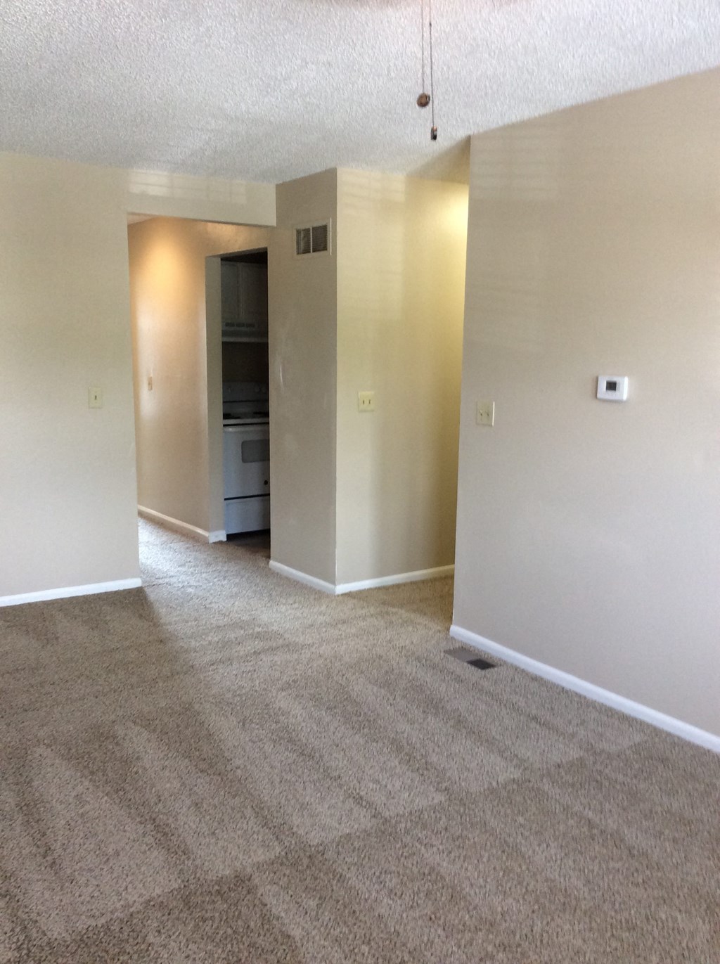 Living room in the Yeakel Townhome, featuring a carpeted floor and a wall.