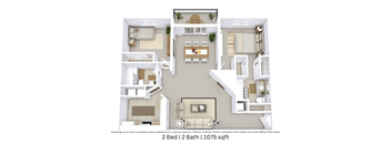 3D floor plan with furniture, layout, and fireplace for a 2 bed, 2 bath. Approx. 1,075 sq. ft.