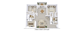 3D floor plan with furniture and layout for a 2 bed, 2 bath home. Approx. 1,075 sq. ft.