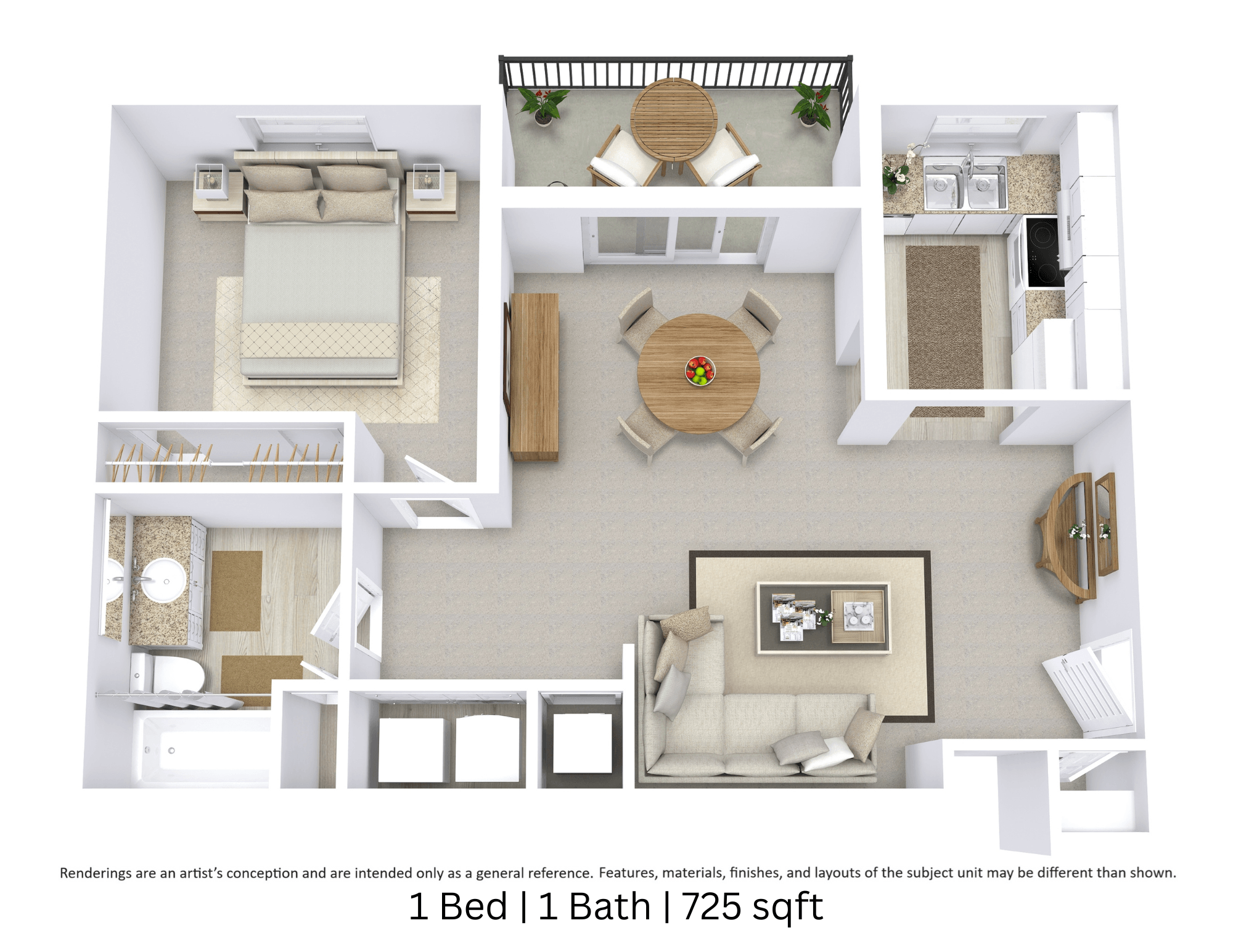 3D floor plan with furniture and layout for a 1 bed, 1 bath home. Approx. 725 sq. ft.