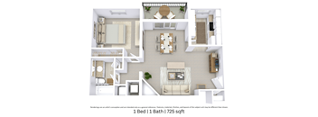 3D floor plan with furniture, layout, and fireplace for a 1 bed, 1 bath. Approx. 725 sq. ft.