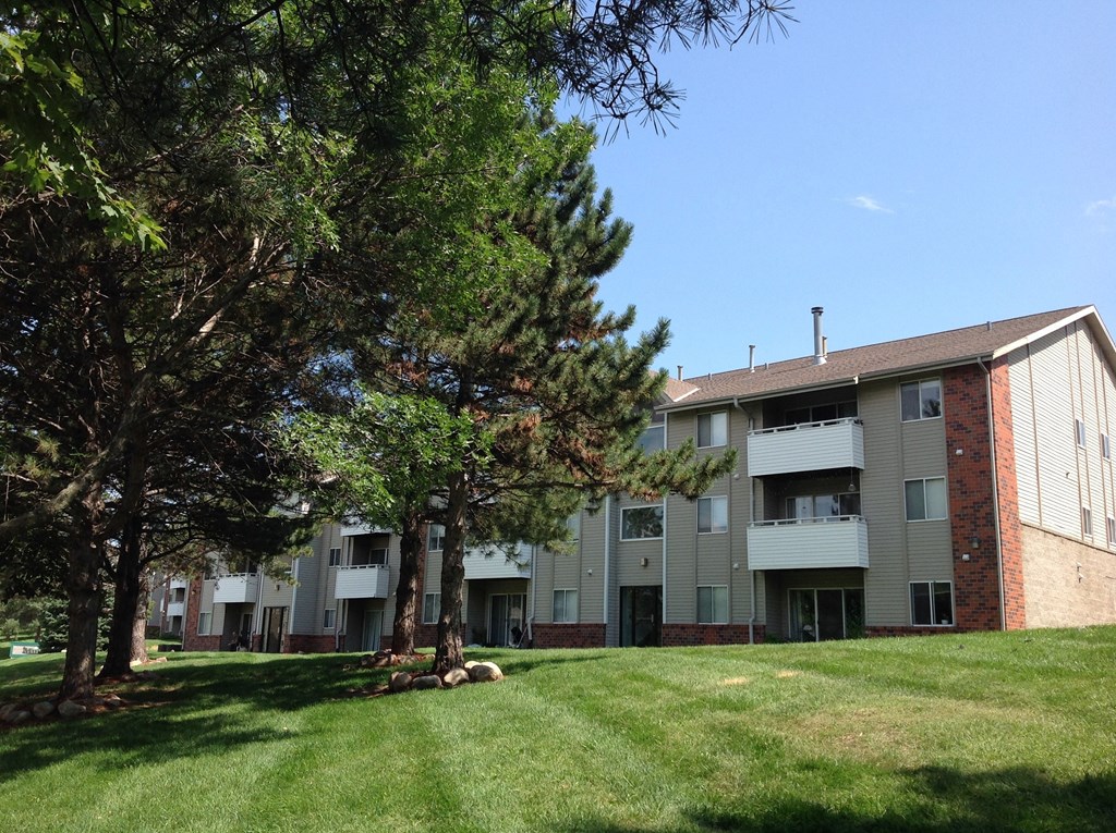 Side view of an apartment building in the Muirfield Apartments complex.