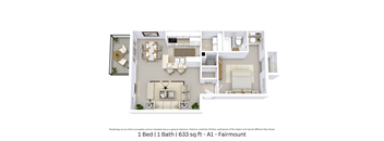 3D floor plan with angled view, room layout, and furniture placement for a 1 bed, 1 bath apartment at 633 Sq. Ft.