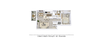 3D floor plan with angled view, room layout, and furniture placement for a 1 bed, 1 bath apartment at 710 Sq. Ft.