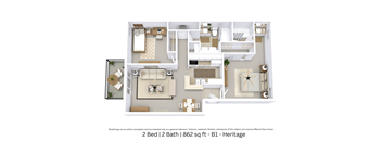 3D floor plan with angled view, room layout, and furniture placement for a 2 bed, 2 bath apartment at 862 Sq. Ft.