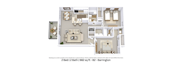 3D floor plan with angled view, room layout, and furniture placement for a 2 bed, 2 bath apartment at 982 Sq. Ft.