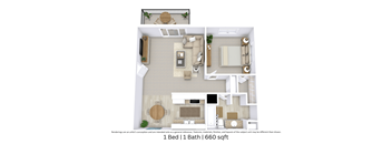 This is a 3D-floor plan providing a detailed, angled view of the space with room layouts, furniture placement, and spatial flow. Features 1 bedroom/s, 1 bathroom/s, and approximately 660 Sq. Ft