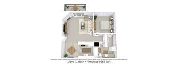 This is a 3D-floor plan providing a detailed, angled view of the space with room layouts, furniture placement, and spatial flow. Features 1 bedroom/s, 1 bathroom/s, and approximately 662 Sq. Ft