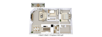 This is a 3D-floor plan providing a detailed, angled view of the space with room layouts, furniture placement, and spatial flow. Features 2 bedroom/s, 1 bathroom/s, and approximately 912 Sq. Ft