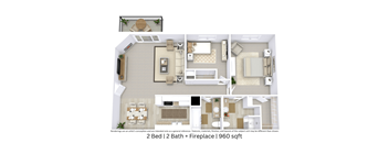 This is a 3D-floor plan providing a detailed, angled view of the space with room layouts, furniture placement, and spatial flow. Features 2 bedroom/s, 2 bathroom/s, and approximately 960 Sq. Ft