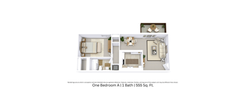 3D floor plan offering a detailed view of the One Bedroom A apartment, with furniture layout and flow across 555 Sq. Ft.