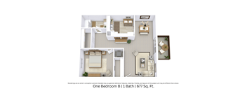 3D floor plan with a detailed angled perspective of the One Bedroom B layout, showing furniture placement across 677 Sq. Ft.
