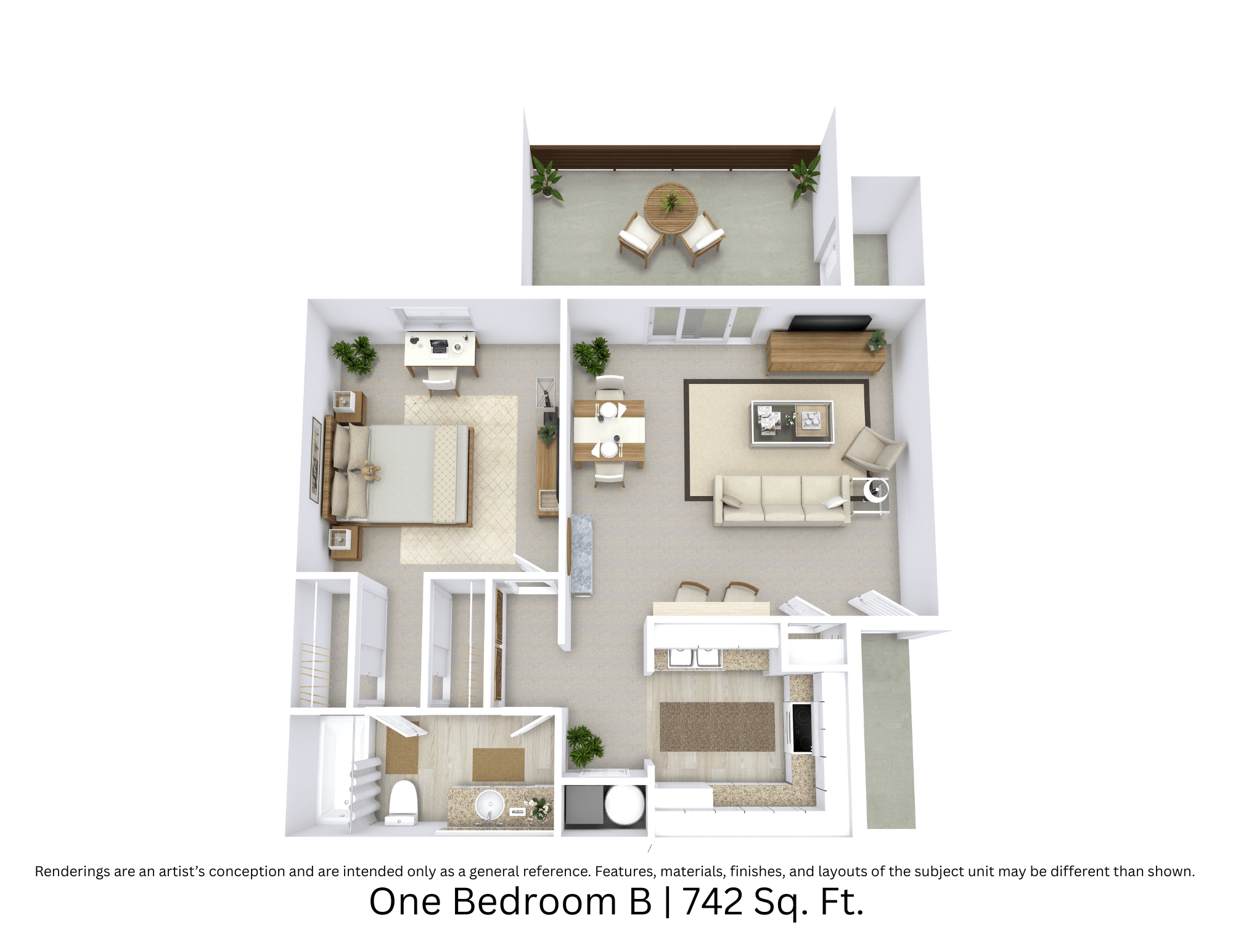 3D floor plan with angled view, room layout, and furniture placement for a 1-bed, 1-bath apartment at 742 sq. ft.