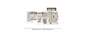 3D floor plan showing an angled view of the One Bedroom C layout with room flow and furniture arrangement across 654 Sq. Ft.