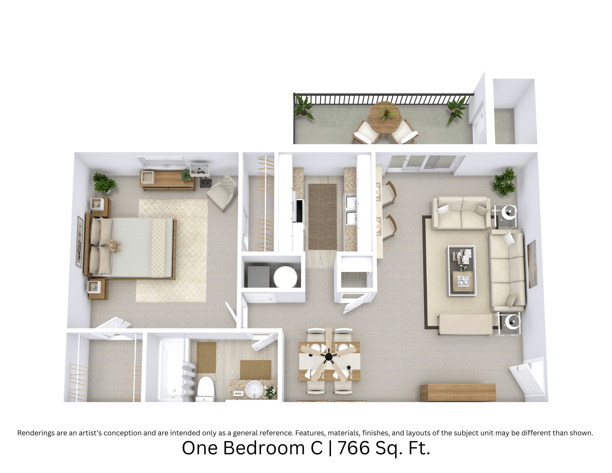 3D floor plan with angled view, room layout, and furniture placement for a 1-bed, 1-bath apartment at 766 sq. ft.
