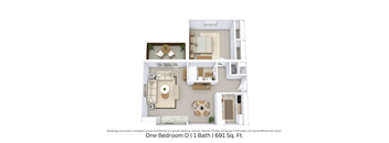 3D floor plan showing an angled view of One Bedroom D with furniture arrangement and room flow across 691 Sq. Ft.