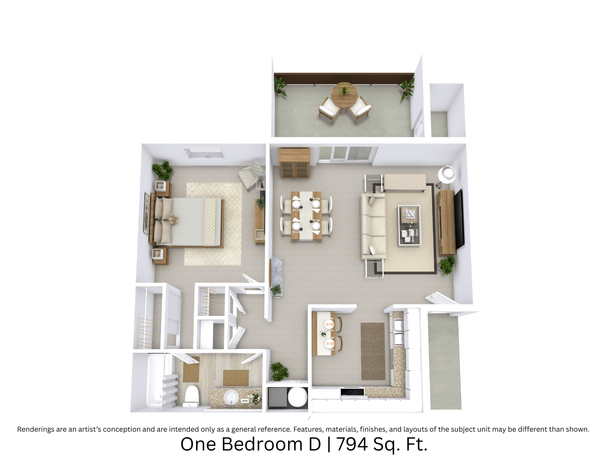 3D floor plan with angled view, room layout, and furniture placement for a 1-bed, 1-bath apartment at 794 sq. ft.