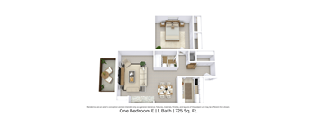 3D floor plan showing an angled perspective of the One Bedroom E layout, including furniture placement across 725 Sq. Ft.