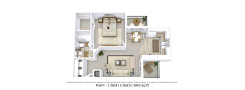 This is a 3D-floor plan providing a detailed, angled view of the space with room layouts, furniture placement, and spatial flow. Features 1 bedroom, 1 bathroom, and approximately 640 Sq. Ft.