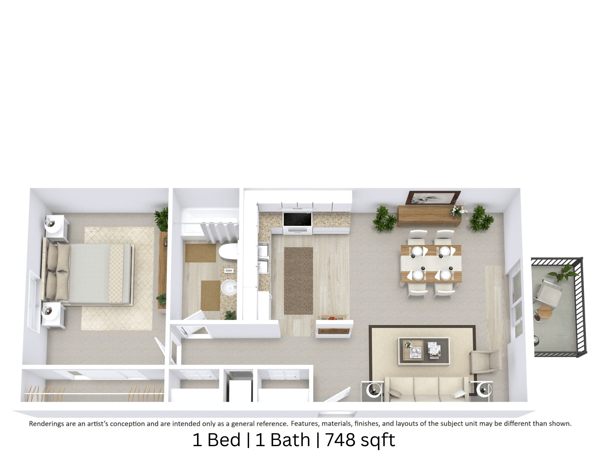 3D floor plan of a 1-bedroom, 1-bathroom apartment at approximately 748 sq. ft with detailed layout and room flow.