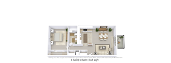 This is a 3D-floor plan providing a detailed, angled view of the space with room layouts, furniture placement, and spatial flow. Features 1 bedroom/s, 1 bathroom/s, and approximately 748  Sq. Ft