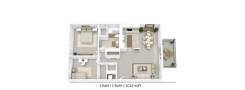 This is a 3D-floor plan providing a detailed, angled view of the space with room layouts, furniture placement, and spatial flow. Features 2 bedroom/s, 1 bathroom/s, and approximately 1012 Sq. Ft